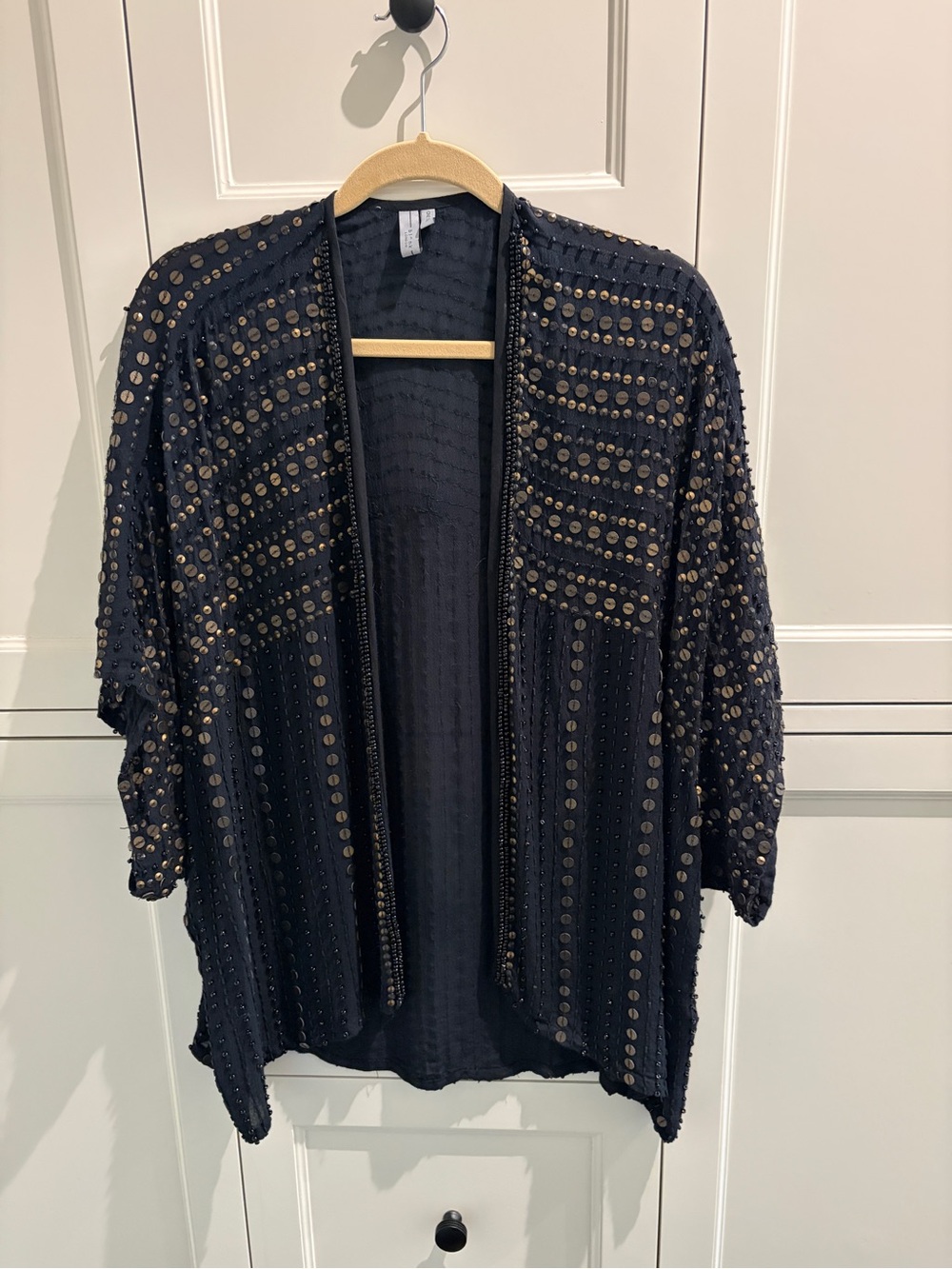 Anthropologie Black & bronze Embellished Open-Front Women's Chiffon topper .